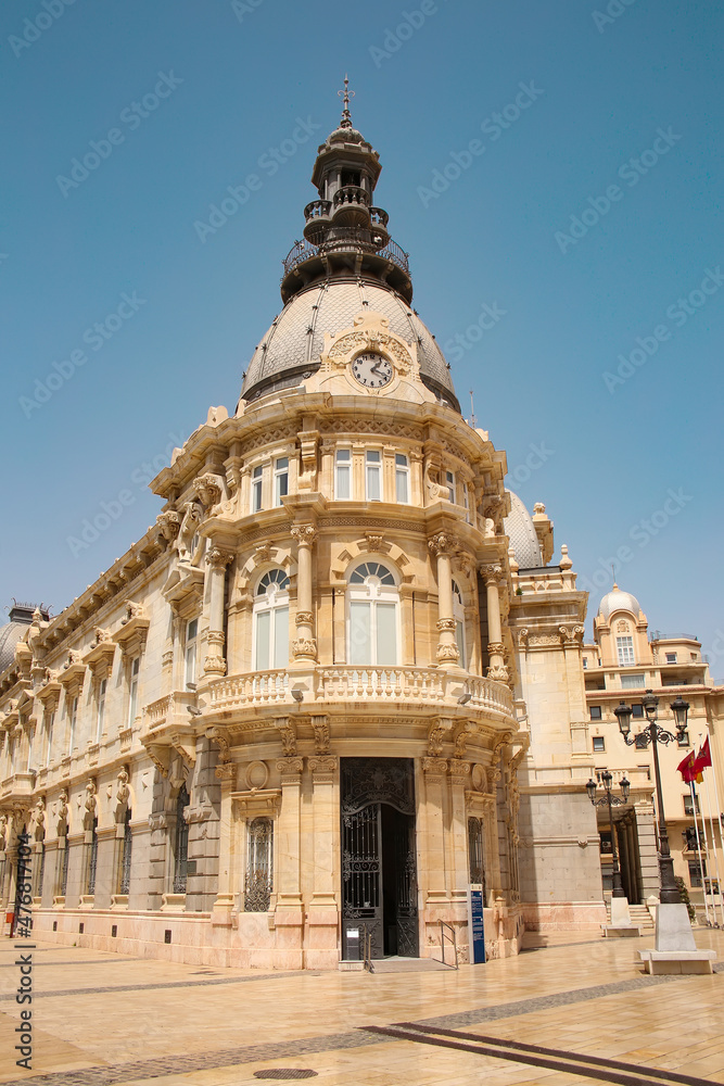 Town Hall of Cartagena. The beautiful modernist building which is one of the iconic landmarks of the city was completed in 1907, Cartagena, Murcia, Spain.