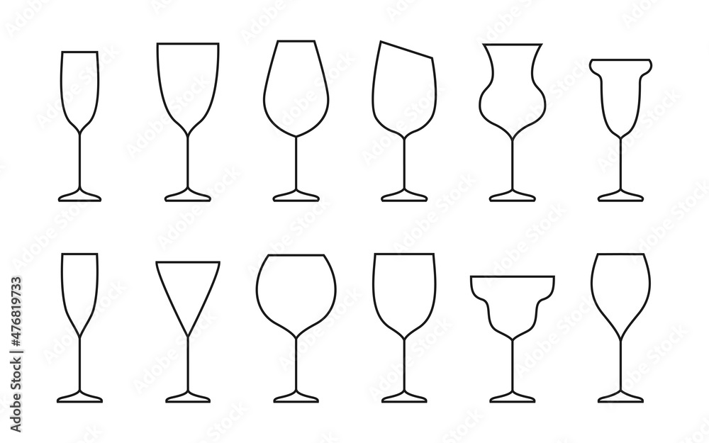 Wine glass line outline contour icon set in flat style. Sign object glasses for mobile app and website. Bar symbol, logo for company or store. Simple concept, design element. Vector illustration Wine glass line outline contour icon set in flat style. Sign object glasses for mobile app and website. Bar symbol, logo for company or store. Simple concept, design element. Vector illustration