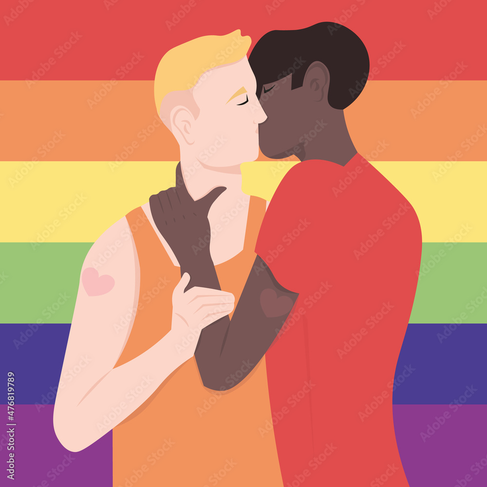 Obraz premium Two young men kiss against the background of the LGBT flag. An international gay couple in love. Love is love. pride month. Vector flat illustration