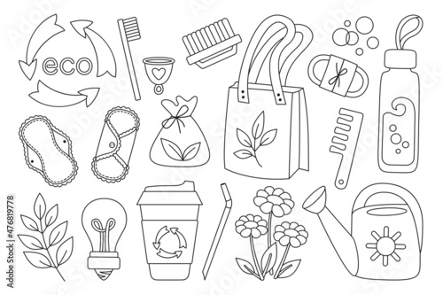 Zero Waste durable doodle eco set, recycle products. Linear ecology protection, go green lifestyle, no plastic. Reusable shopper bags, brushes and bottles, items hygiene, soap, thermo mug. Vector