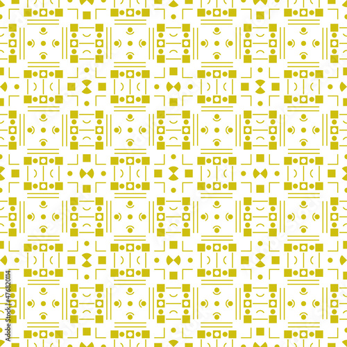 Geometric art made with circles, squares, rectangles, arcs. Balanced Endless Pattern in Bauhaus Style. Also inspired by assyrian, african, japanese, chinese, tahitian tribal old-fashioned doodles.