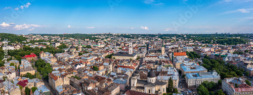 Beautiful aerial view of the Lviv city, historical city center, Ukraine, Western Ukraine. View of the Theatre of Opera and Ballet.
