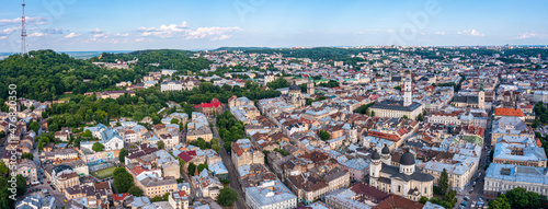 Beautiful aerial view of the Lviv city, historical city center, Ukraine, Western Ukraine. View of the Theatre of Opera and Ballet.