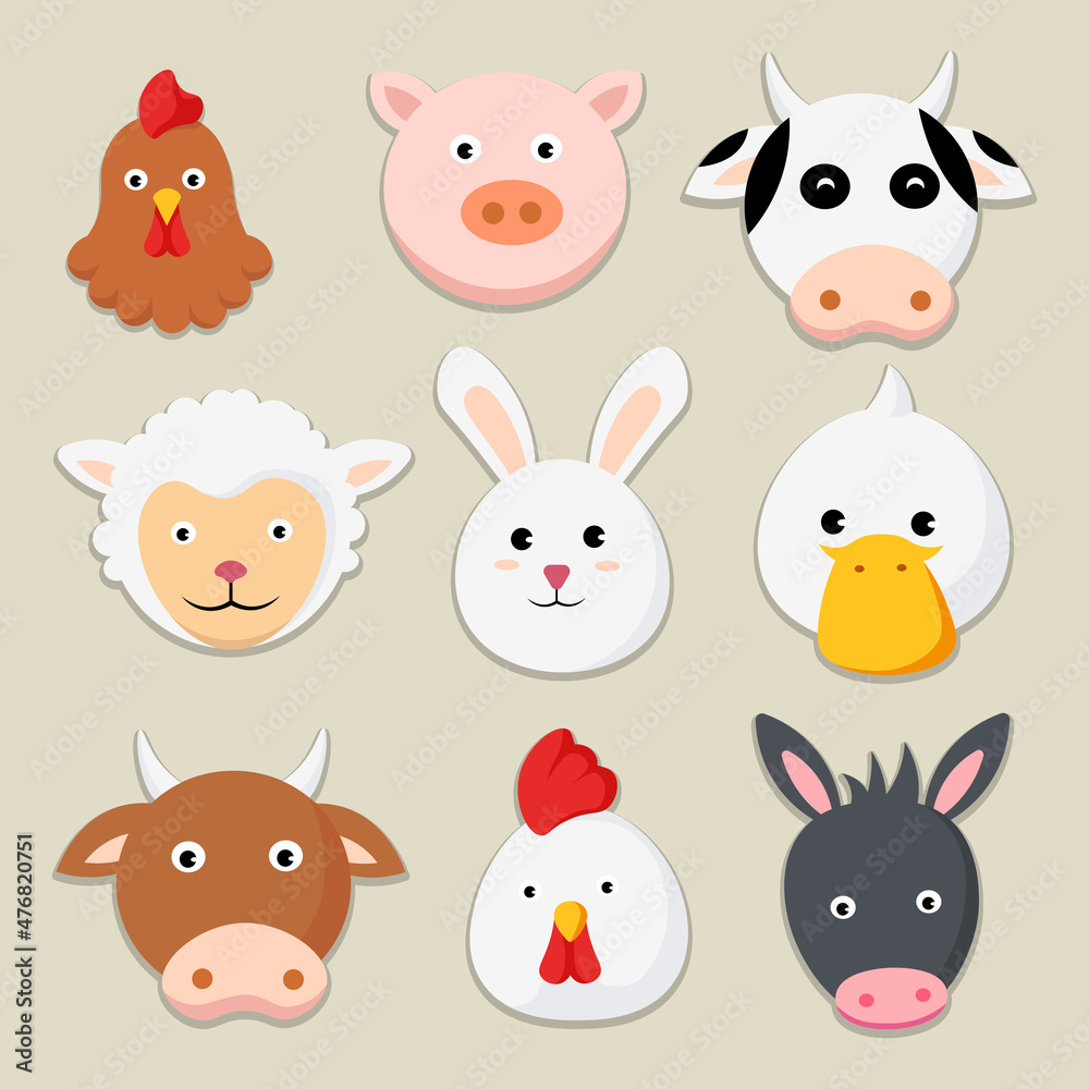 Farm animals cartoon icons set of chicken pig cow sheep rabbit duck bull chick donkey vector illustration Farm animals cartoon icons set of chicken pig cow sheep rabbit duck bull chick donkey vector illustration