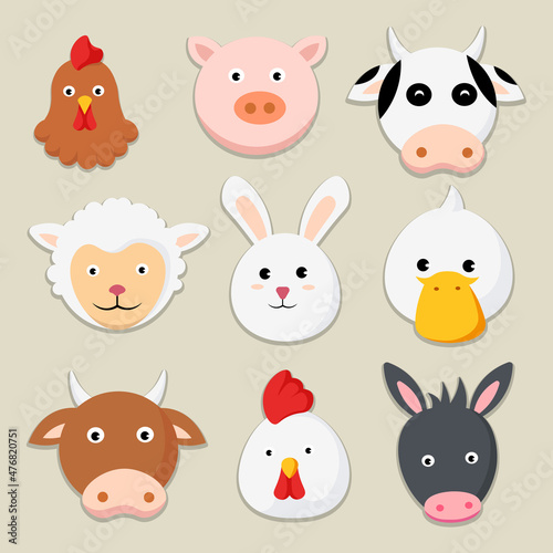 Farm animals cartoon icons set of chicken pig cow sheep rabbit duck bull chick donkey vector illustration