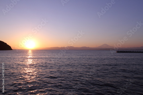 View of Mountain fuji and sea at sunset time, Japan.