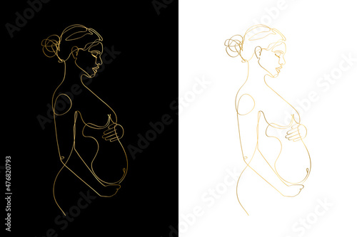 Pregnant mom gold line art, Pregnancy one line drawing, printable wall art, Nude woman body print, Belly female figure, Minimalist print	
