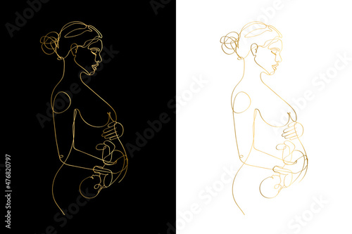 Pregnant mom gold line art, Pregnancy one line drawing, printable wall art, Nude woman body print, Belly female figure, Minimalist print	
