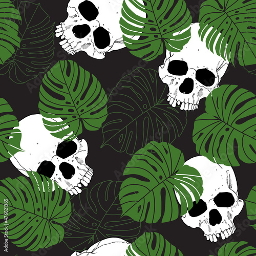 skull and tropical leaf design - seamless vector repeat pattern, use it for wrappings, fabric, packaging and other print and design projects