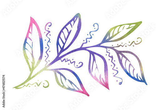 Watercolor multicolor leave on white background. Green, violet, purple and pink colors Leafs on branch