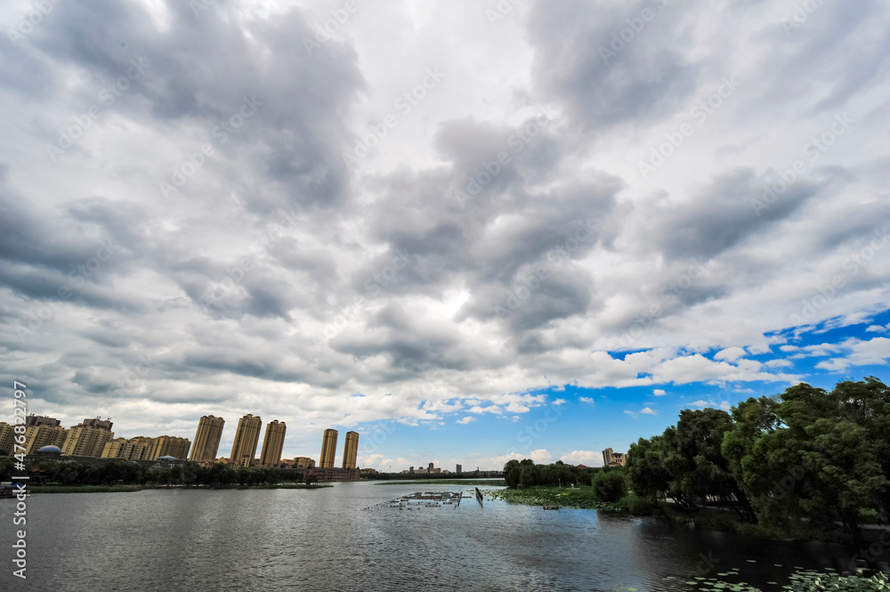 Beautiful urban park scenery with blue sky and white clouds in Luannan County, Hebei Province
