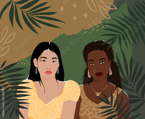 Asian and African Women together on an abstract background with leaves. modern vector flat illustration. isolated by layers. movement to empower women. International Women's Day. women support