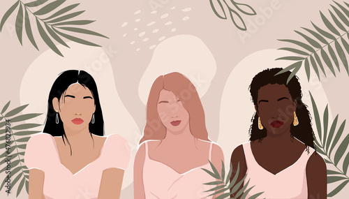 Women of different races together on an abstract background with leaves. modern vector flat illustration. isolated by layers. movement to empower women. International Women's Day. women support