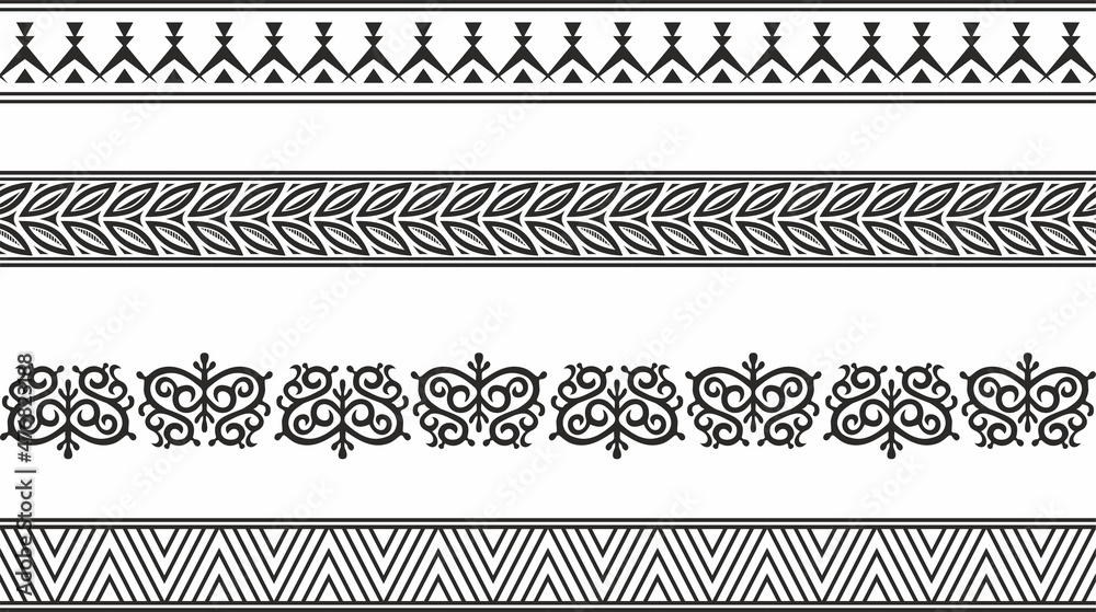 Vector set of seamless monochrome Yakut borders. Asian frames for decoration and ceramics, laser and plotter cutting. National ornaments of the peoples of the north.
 - obrazy, fototapety, plakaty 
