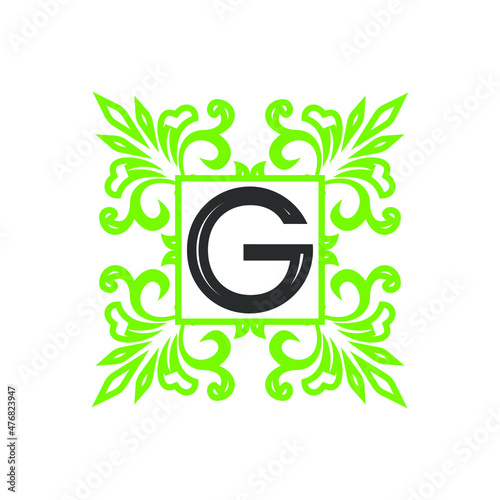 Abstract letter G with green fleur ornament for gardening logo design inspiration