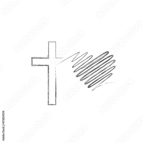 The Cross of the Lord flows into the heart. Continuous line drawing. Flat isolated Christian vector illustration, biblical background.