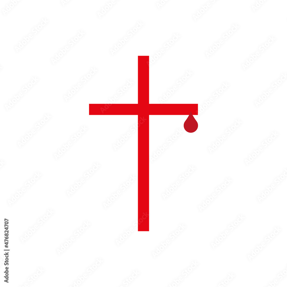 Red cross with a drop of blood. Christian blood donation. The atoning sacrifice. Flat isolated Christian vector illustration, biblical background.