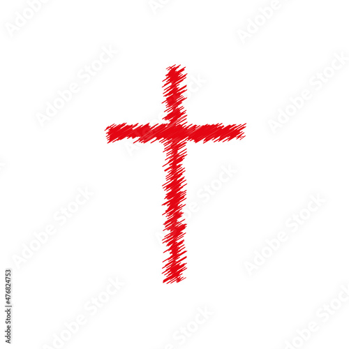 Red scribble cross. Ink brush. Flat isolated Christian vector illustration, biblical background.