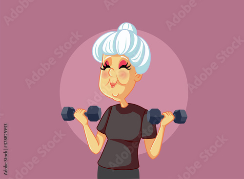 Active Senior Woman Holding Dumbbells Vector Cartoon
