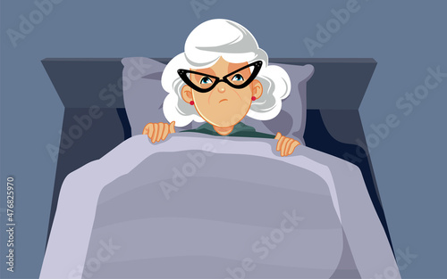 Senior Woman Suffering from Insomnia Unable to Sleep Vector Illustration