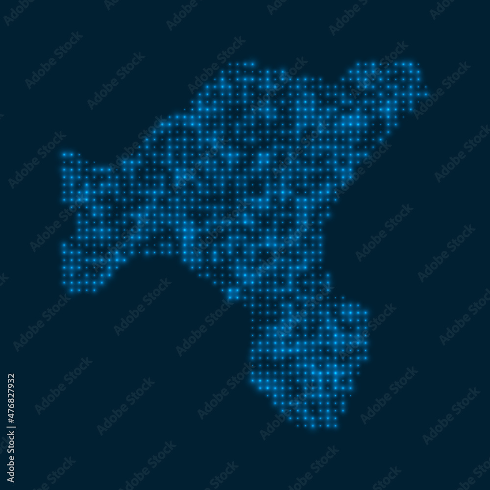 Salt Island dotted glowing map. Shape of the island with blue bright bulbs. Vector illustration.