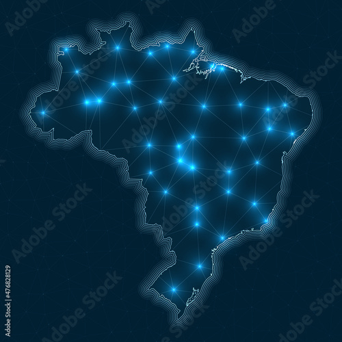 Brazil network map. Abstract geometric map of the country. Digital connections and telecommunication design. Glowing internet network. Awesome vector illustration.