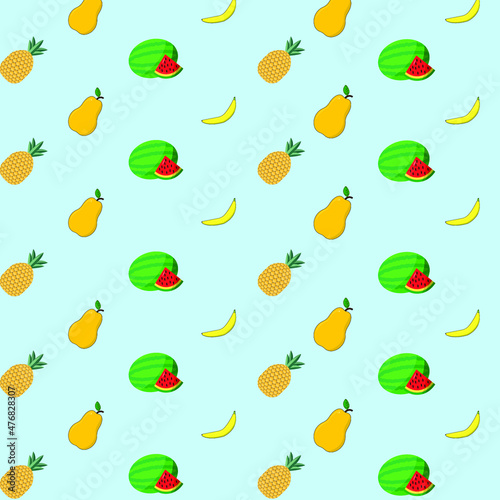 Fruites pattern with  watermelons  pineapples  pears  bananas on a blue  background. Cute vegetables