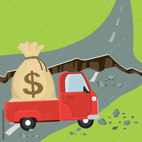 Truck carrying large bags of money on the road that was cut off, Illustration vector cartoon