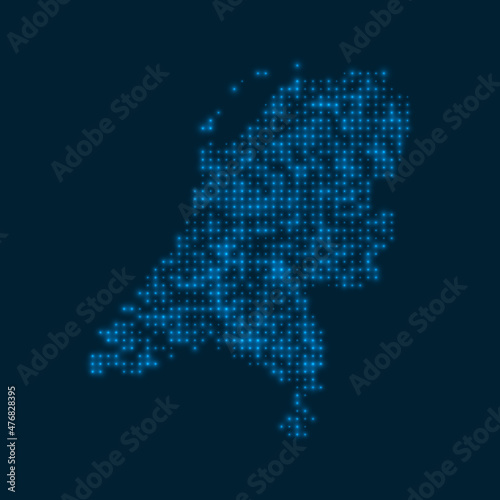 Netherlands dotted glowing map. Shape of the country with blue bright bulbs. Vector illustration.