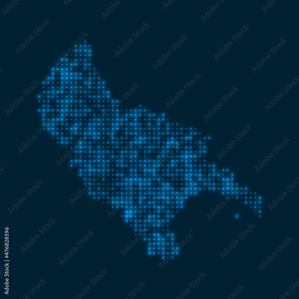 Zakynthos Island dotted glowing map. Shape of the island with blue bright bulbs. Vector illustration.