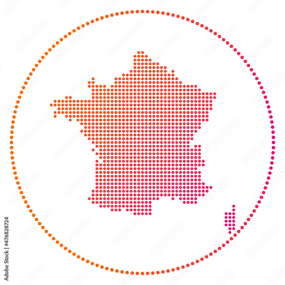 France digital badge. Dotted style map of France in circle. Tech icon of the country with gradiented dots. Powerful vector illustration.