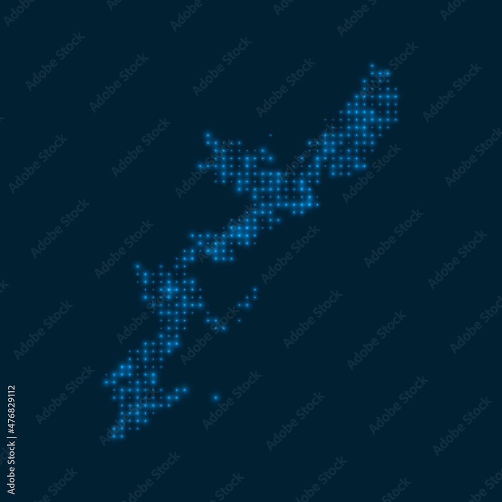 Okinawa Island dotted glowing map. Shape of the island with blue bright bulbs. Vector illustration.