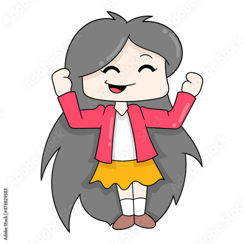 cute and beautiful long hair little girl, doodle icon image kawaii