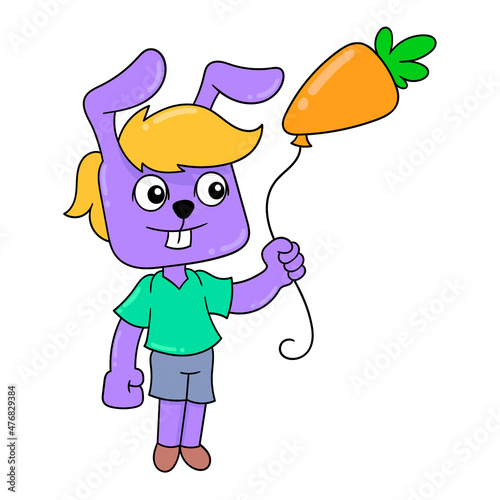 bunny boy standing with carrot balloons, doodle icon image kawaii