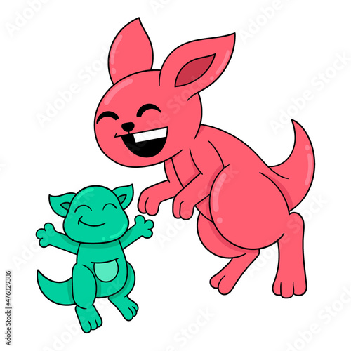 kangaroo mother and child happy playing together, doodle icon image kawaii