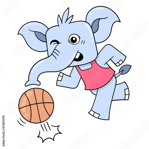 elephant running dribbling basketball exercising, doodle icon image kawaii