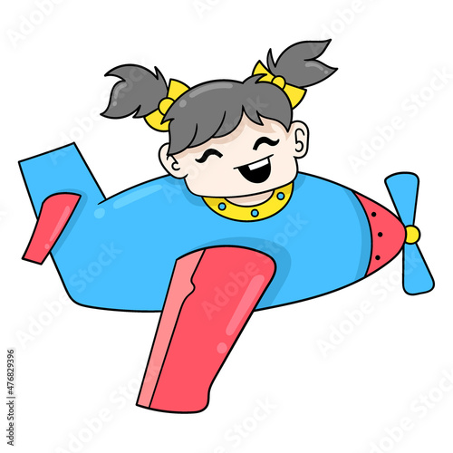 girl is happily flying on an airplane into the sky, doodle icon image kawaii