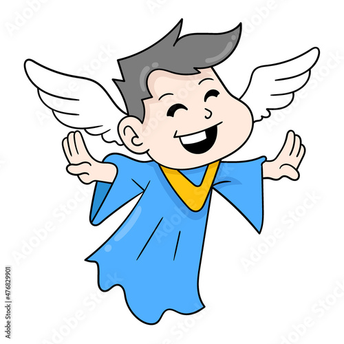 winged male angel flying into the sky happy face, doodle icon image kawaii