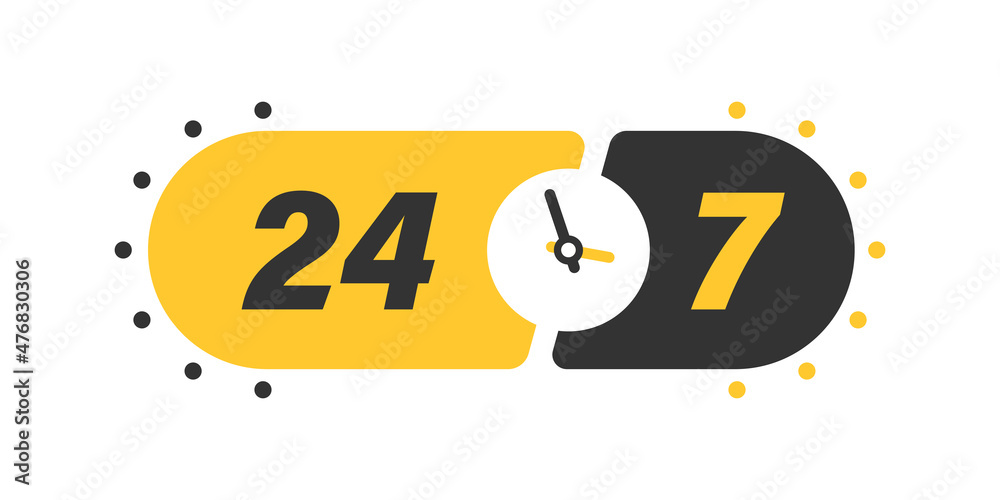24 7 hours service icon in flat style. All day business and service vector illustration on isolated background. Quick service time sign business concept.