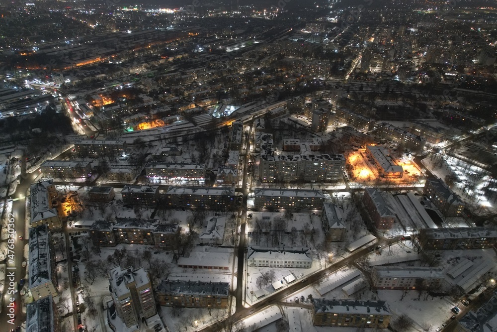 Aerial view of Krutikov street at night in winter (Kirov, Russia)