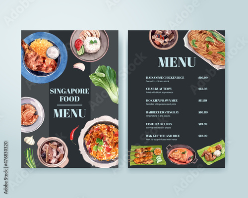 Menu template with Singapore cuisine concept,watercolor style