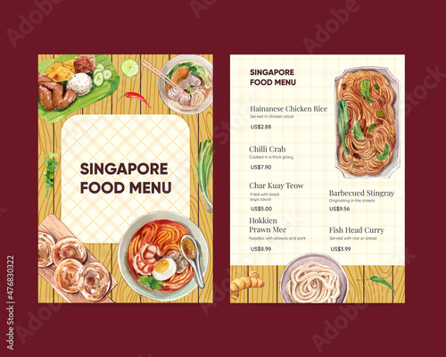 Menu template with Singapore cuisine concept,watercolor style