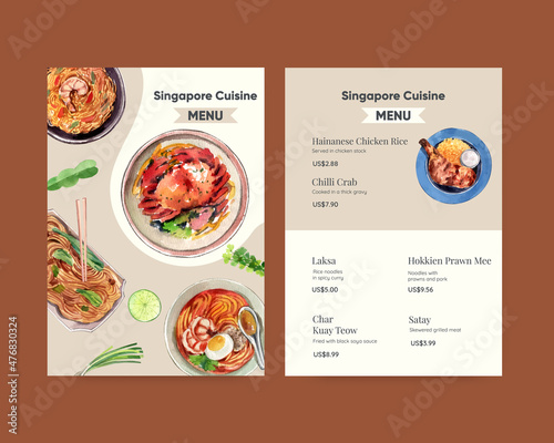 Menu template with Singapore cuisine concept,watercolor style