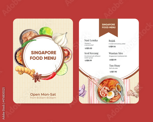 Menu template with Singapore cuisine concept,watercolor style