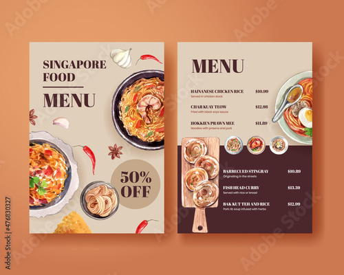 Menu template with Singapore cuisine concept,watercolor style