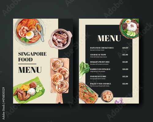 Menu template with Singapore cuisine concept,watercolor style