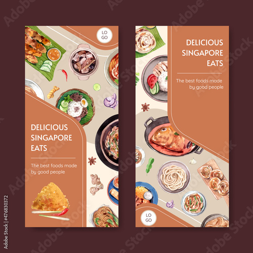 Flyer template with Singapore cuisine concept,watercolor style
