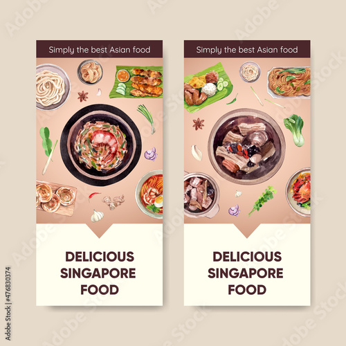 Flyer template with Singapore cuisine concept,watercolor style