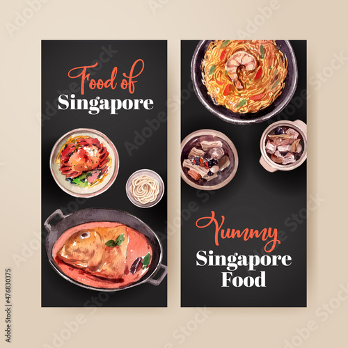 Flyer template with Singapore cuisine concept,watercolor style