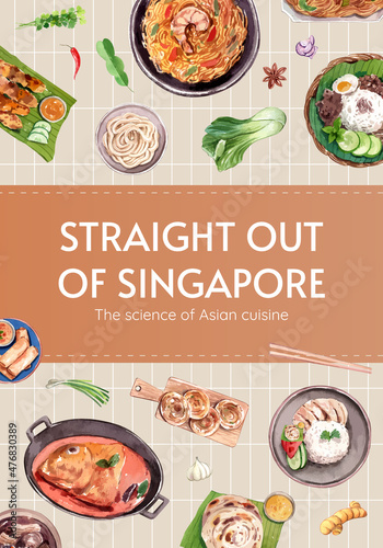 Poster template with Singapore cuisine concept,watercolor style